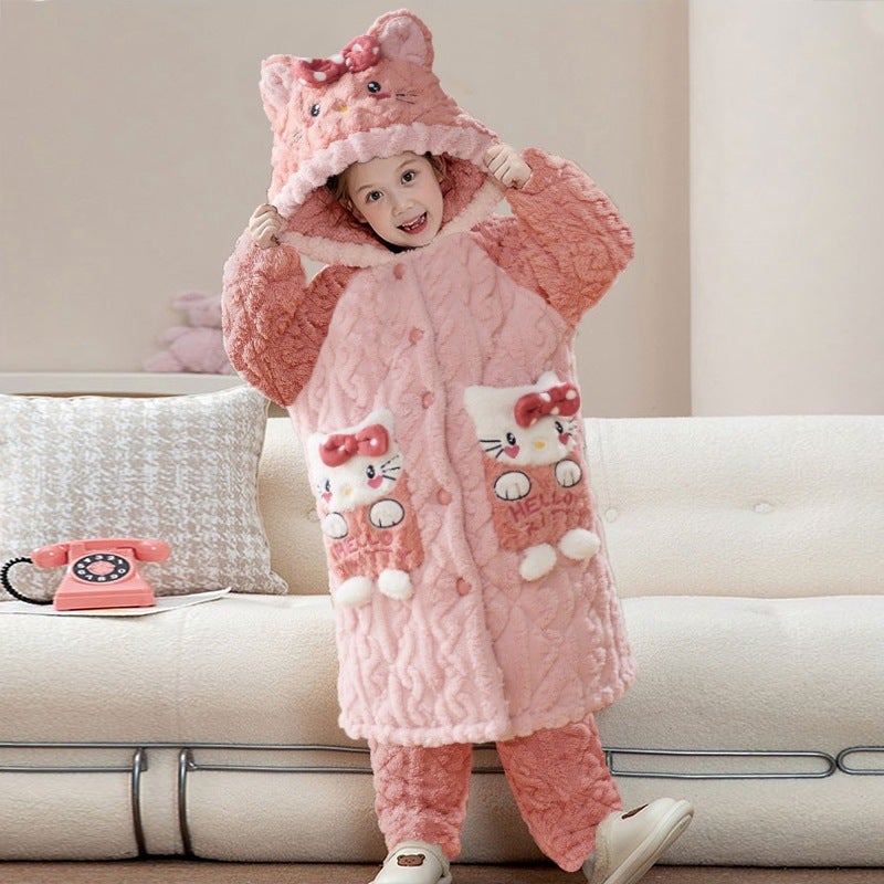 Children'S Pajamas Thick Coral Fleece Three-Layer Quilted Winter Flannel Long Girls' Nightgown Bathrobe - Image 2