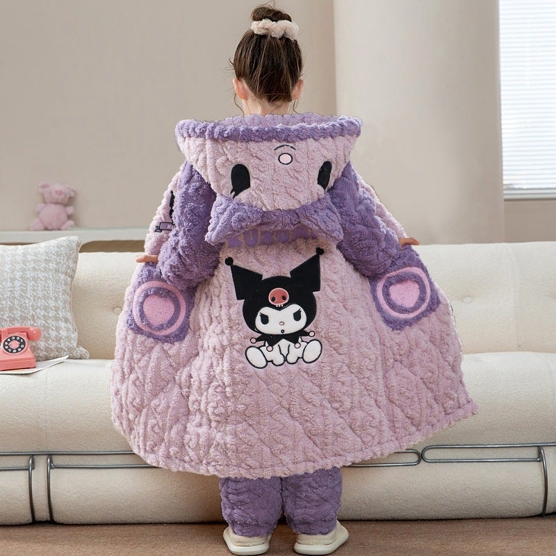 Children'S Pajamas Thick Coral Fleece Three-Layer Quilted Winter Flannel Long Girls' Nightgown Bathrobe - Image 1