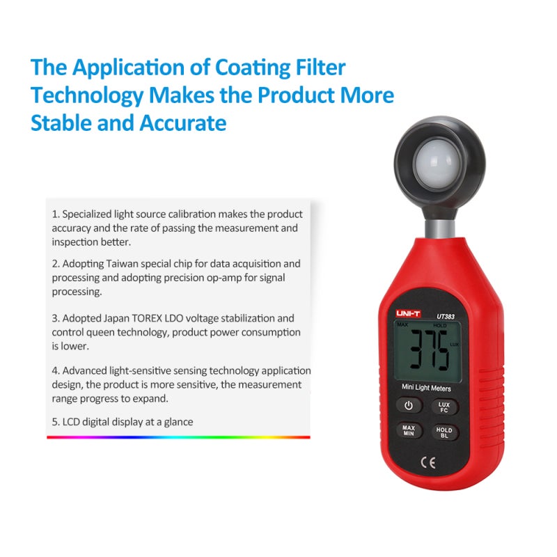 UNI-T UT383 Mini Light Meter Lumens Digital Luxometer Luminance 0~199,999Lux Environmental Test Equipment Handheld Illuminometer Photometer Light Lux Meter Brightness Measurement - Image 4