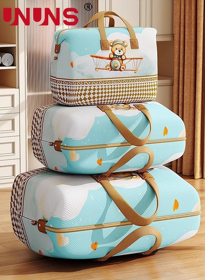 UNUNS 3 Pack Moving Storage Bags,Bear Pattern 3 Sizes Storage Bags with Zipper and Handles,Waterproof Heavy Duty Non-woven Closet Organizer Bags Ideal For Bedding,Duvets,Pillows,Laundry,Clothes or Moving Home - Image 1