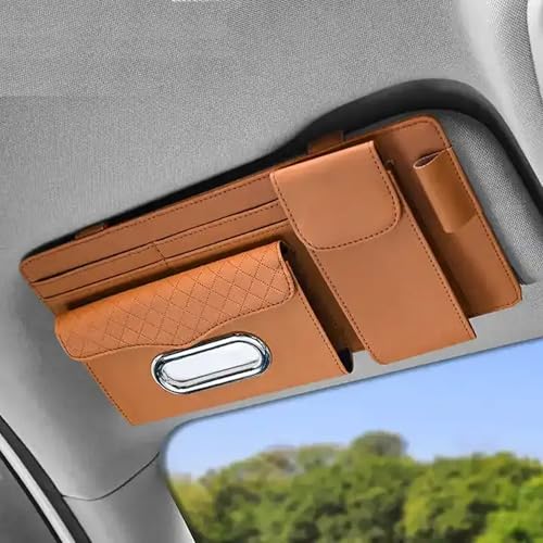 AUGEN PU Leather Multi-Function Automobiles Car Space Sun Visor Organizer Tissue Napkin Box Compartment, with Sunglass Compartment, Card Slot, Pen Section (Brown) - Image 1
