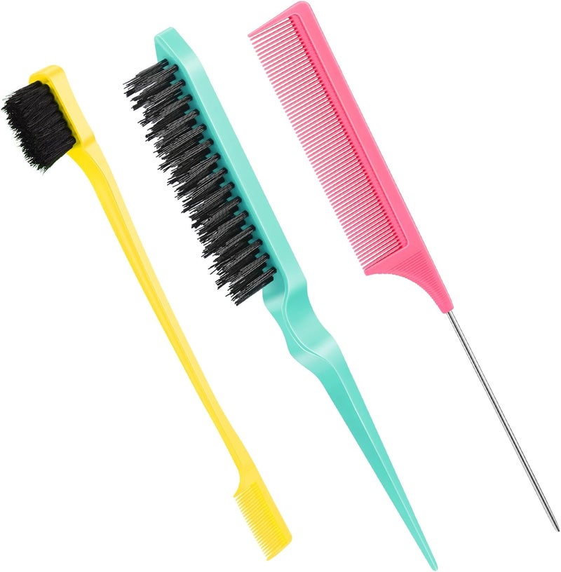 Geiserailie 3 Pcs Slick Back Hair Brush Set Bristle Brush Edge Control Teasing Comb for Women Black Hair(Yellow,Pink,Cyan) - Image 1