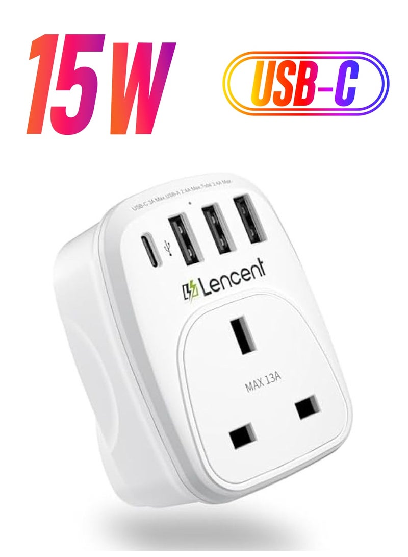 Lencent USB Plug Charger UK with 1 Type C and 3 USB Ports, 1 Way Socket Extension, 5-in-1 USB Outlet Plug Extender for Household Appliances, iPhone, Smartphone Tablets, Ideal for Home Office Bedroom - Image 1