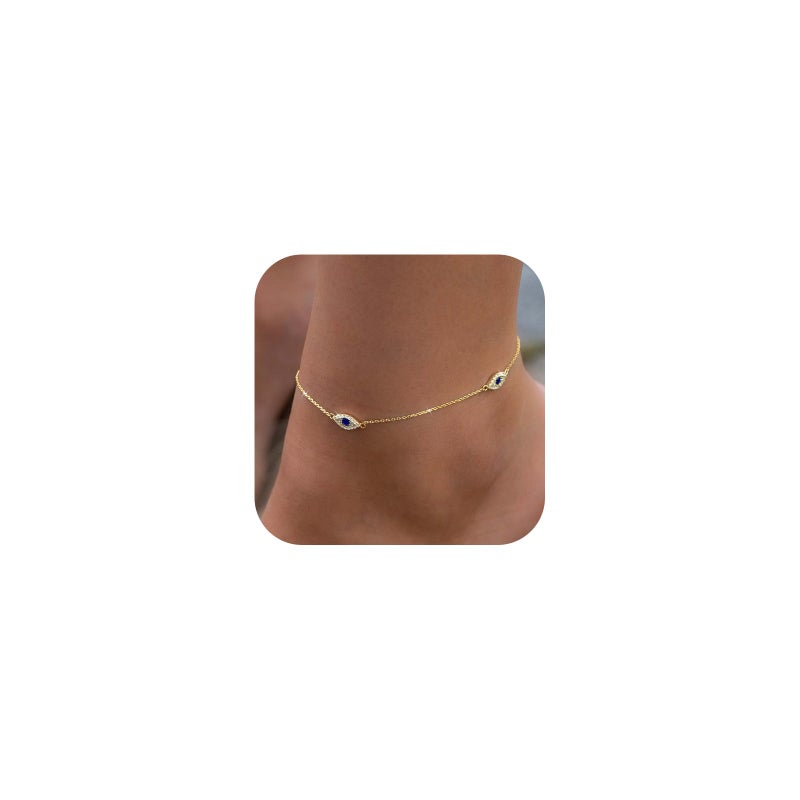 Rotnso Anklets for Women 14K Gold Plated Evil Eye Ankle Bracelets Trendy Waterproof Boho Chain Link Anklets Set Dainty Cute Diamond Beaded Non Tarnish Summer Beach Jewelry Gift - Image 1