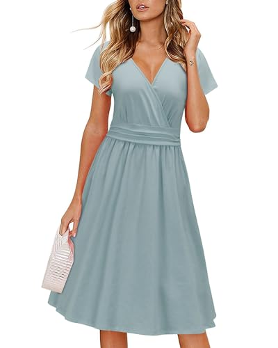 OUGES Women's 2024 Summer Short Sleeve V-Neck Wrap Casual Party Dress with Pockets(Blue,M) - Image 1