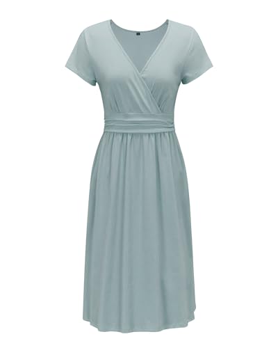 OUGES Women's 2024 Summer Short Sleeve V-Neck Wrap Casual Party Dress with Pockets(Blue,M) - Image 3