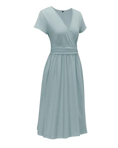 OUGES Women's 2024 Summer Short Sleeve V-Neck Wrap Casual Party Dress with Pockets(Blue,M) - Image 4