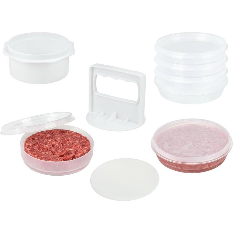 Mission Gallery Hamburger Press Patty Maker - 4 in1, Burger Mold, Patty Press, 6 Storage Containers, 100 Round Papers - Hamburger Patty Maker Tool for BBQ - Burger Shaper for Meat, Veggie Patties - Image 1
