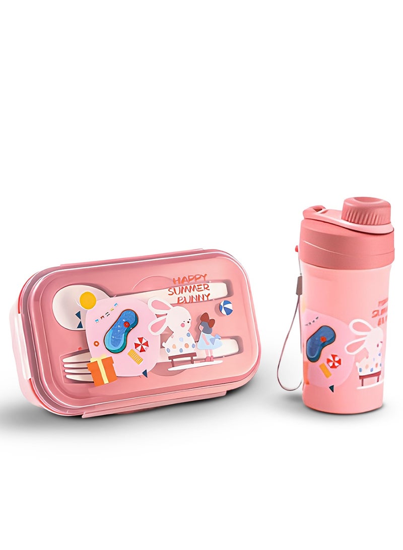 بيبي طقم زجاجة ماء وعلبة غداء للأطفال سعة ٥٠٠ مل مع حجرتين ومجموعة ملاعق | منتجات العودة إلى المدرسة | طقم علبة غداء وزجاجة ماء للأطفال (وردي) - Image 1