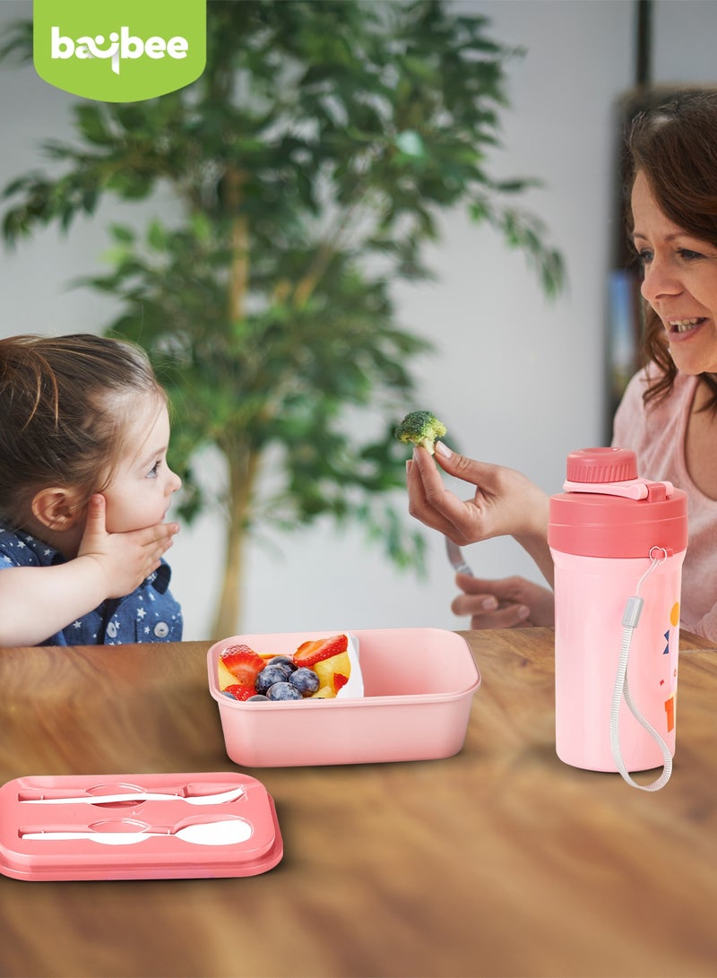بيبي طقم زجاجة ماء وعلبة غداء للأطفال سعة ٥٠٠ مل مع حجرتين ومجموعة ملاعق | منتجات العودة إلى المدرسة | طقم علبة غداء وزجاجة ماء للأطفال (وردي) - Image 3