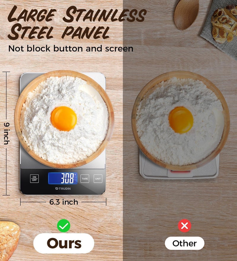 TRUDIN NASA-Grade 33lb Digital Kitchen Scale, Precisely Measures Grams and Ounces for Baking and Cooking,with Waterproof Tempered Glass & Stainless Steel Platform - Food Scale - Image 2