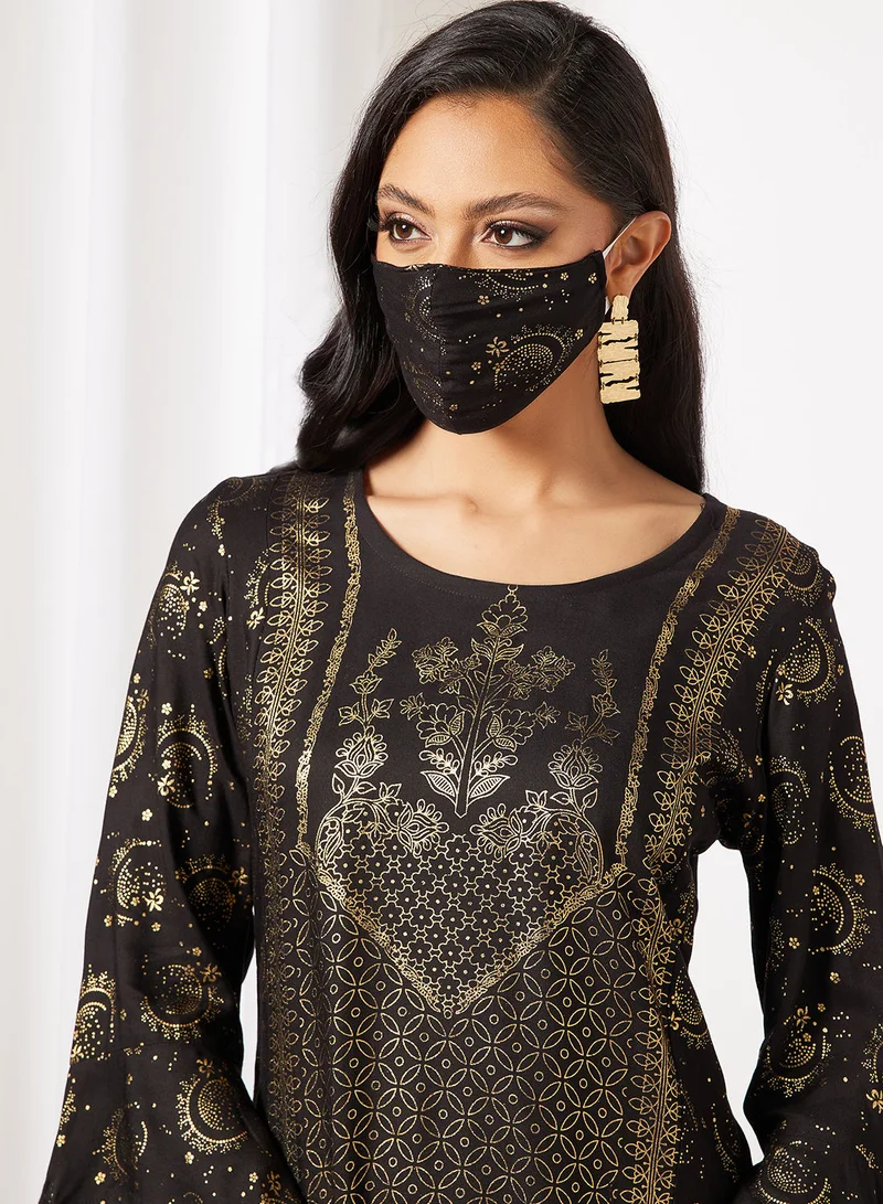HANA & SARA Print Short Kurta With Facemask
