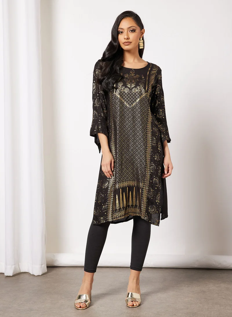 HANA & SARA Print Short Kurta With Facemask