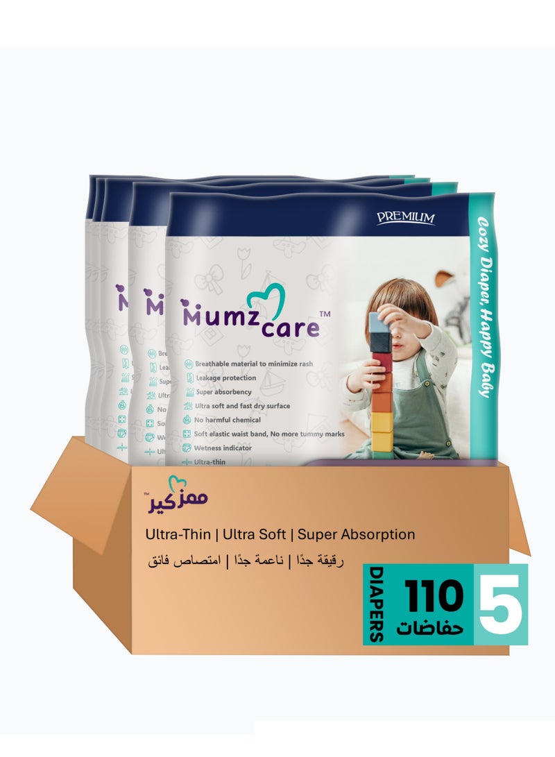 Mumz Care Mumz Care Baby Diapers, Ultra-Thin with Super Absorbency,  Size 5, 12-18 Kg,  5 Pack & 110 Diapers. Breathable material, Ultra soft and fast dry surface to minimize rash - Image 1