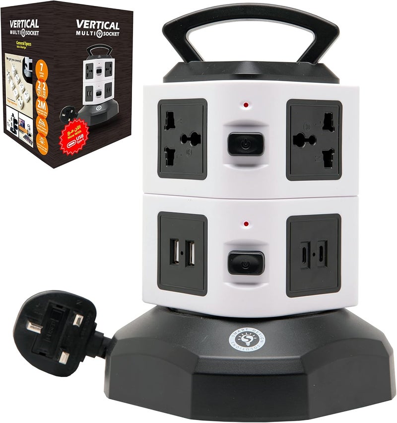 Smart Design Solutions Universal Extension Power Strip with 2m Retractable Cable, 2 USB-A + 2 USB-C Ports, Universal Sockets, 2500W 13A, Black & White Compact Design - Image 1