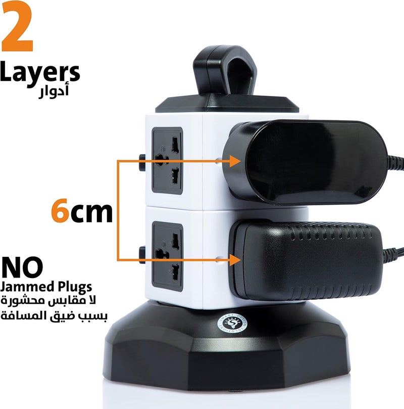 Smart Design Solutions Universal Extension Power Strip with 2m Retractable Cable, 2 USB-A + 2 USB-C Ports, Universal Sockets, 2500W 13A, Black & White Compact Design - Image 4