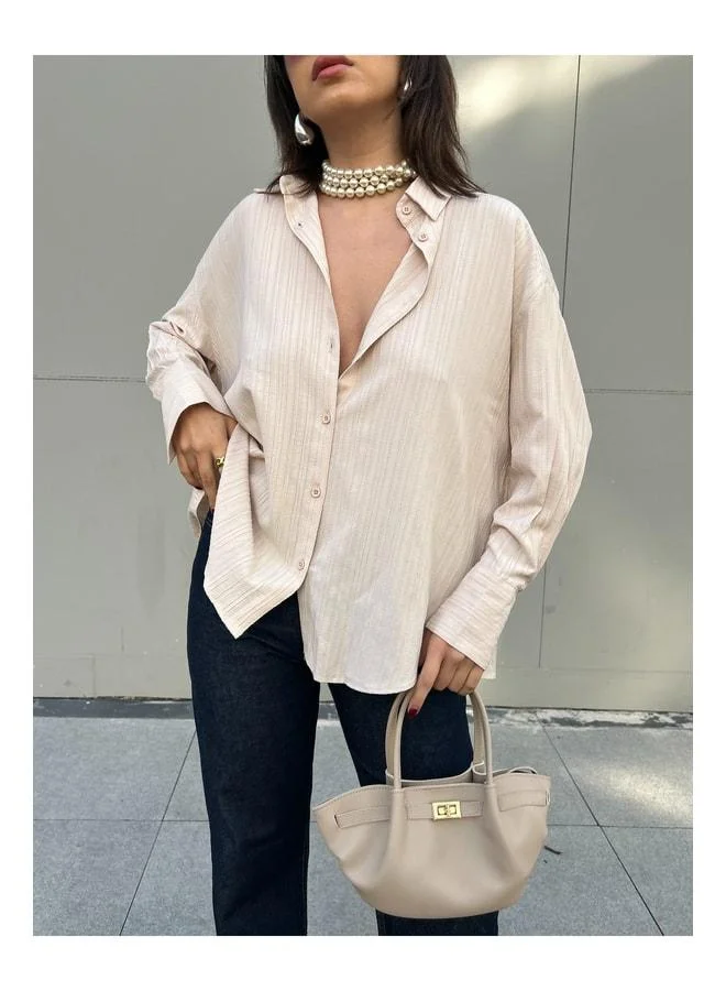 mina aise Beige Oversize Wide Cuff Women's Shirt 27384.