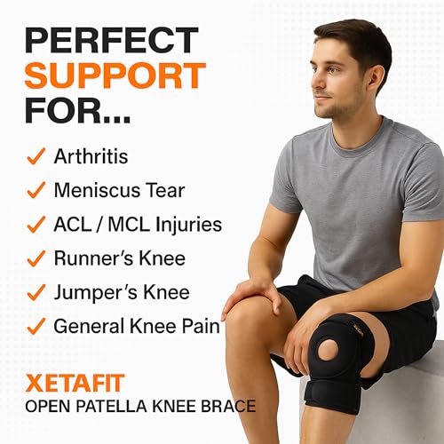 XETAFIT Adjustable Open Patella Knee Brace with Durable Non-Slip 3-Strap Design | Knee Cap for Men Pain Relief | Knee Support for Men Gym & Knee Support for Women Knee Pain | Breathable Neoprene Free Size (M-XL) for Sports, Arthritis & Injury Recovery (Black) - Image 4