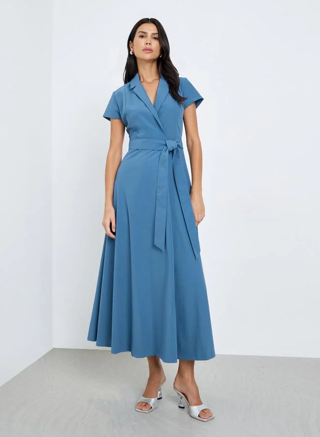 Styli Blue Solid Short Sleeves Wrap Maxi Dress