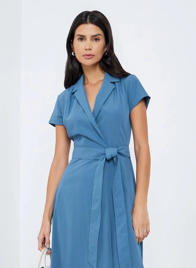 Styli Styli Blue Solid Short Sleeves Wrap Maxi Dress