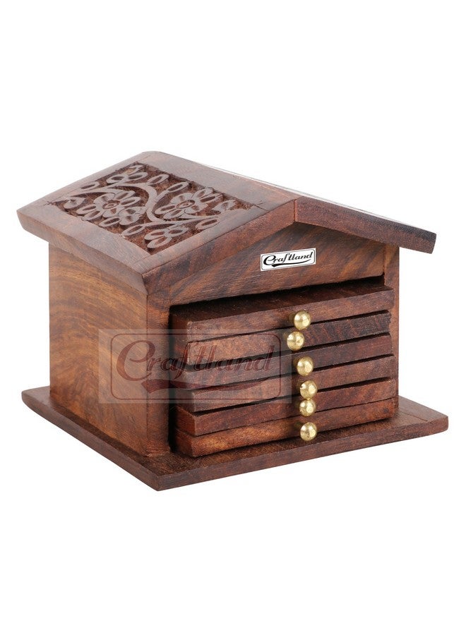 Craftland Wooden Handcrafted (Carved) hut Shaped Coaster Set of 6 for Kitchen/Dining Table Decorative Item for Table/Home - Image 2