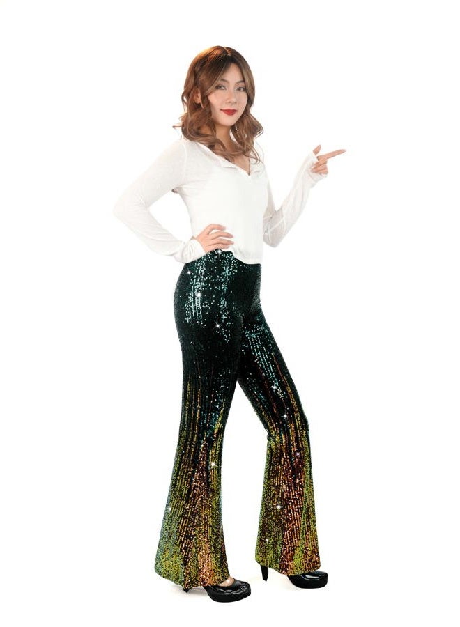 Nawgut Sequin Flare Pants Sparkly Glitter High Waisted Bell Bottom Trousers Disco Party Clubwear for Women, Green Stripes, XXL - Image 5