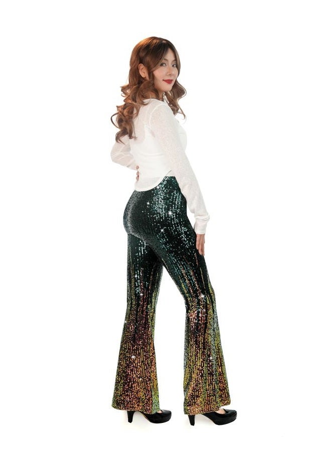 Nawgut Sequin Flare Pants Sparkly Glitter High Waisted Bell Bottom Trousers Disco Party Clubwear for Women, Green Stripes, XXL - Image 2