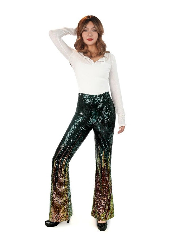 Nawgut Sequin Flare Pants Sparkly Glitter High Waisted Bell Bottom Trousers Disco Party Clubwear for Women, Green Stripes, XXL - Image 4