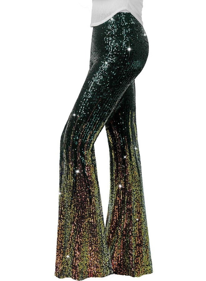 Nawgut Sequin Flare Pants Sparkly Glitter High Waisted Bell Bottom Trousers Disco Party Clubwear for Women, Green Stripes, XXL - Image 1