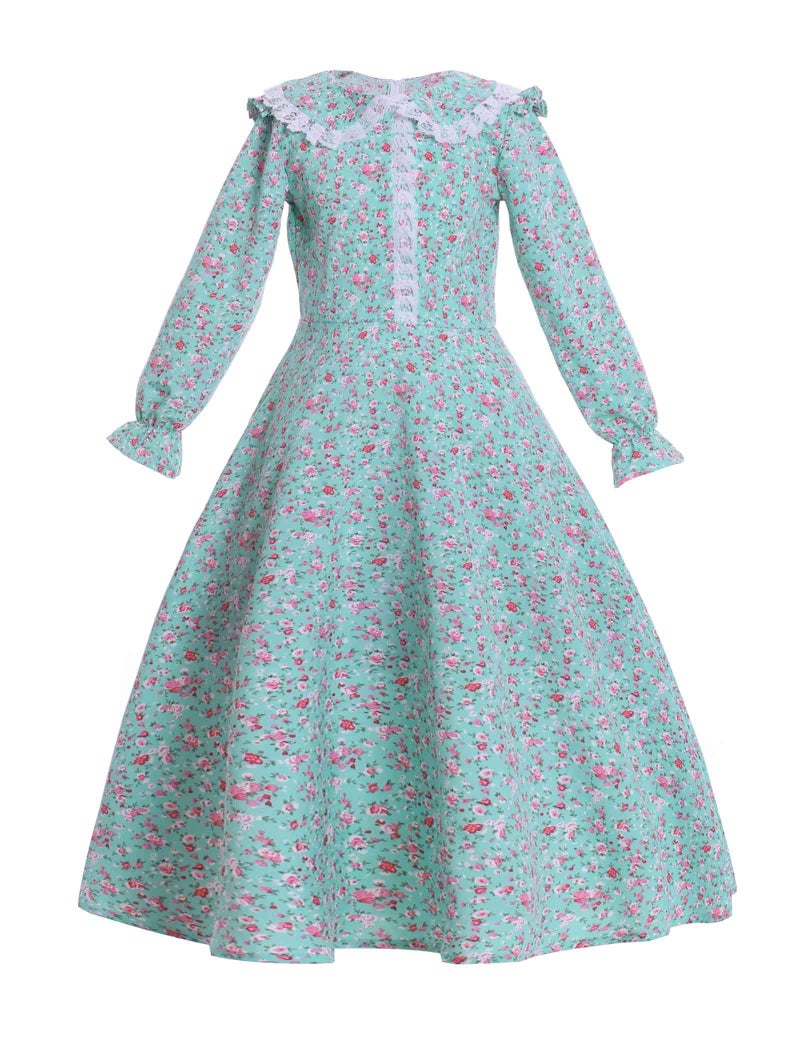 Vibsion Girls Pioneer Prairie Costume Pilgrim Dress Kids Floral Colonial Village Girl Costumes Bonnet Apron Set Green - Image 3