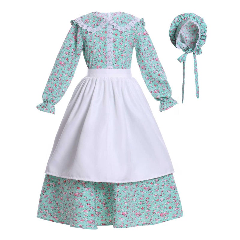 Vibsion Girls Pioneer Prairie Costume Pilgrim Dress Kids Floral Colonial Village Girl Costumes Bonnet Apron Set Green - Image 4