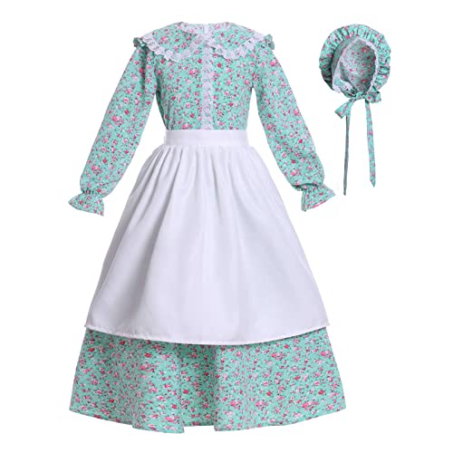 Vibsion Girls Pioneer Prairie Costume Pilgrim Dress Kids Floral Colonial Village Girl Costumes Bonnet Apron Set Green - Image 1