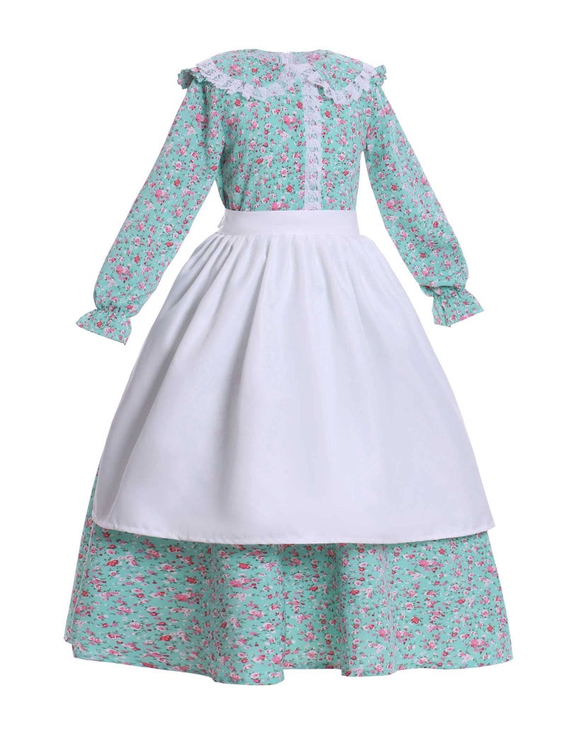 Vibsion Girls Pioneer Prairie Costume Pilgrim Dress Kids Floral Colonial Village Girl Costumes Bonnet Apron Set Green - Image 2