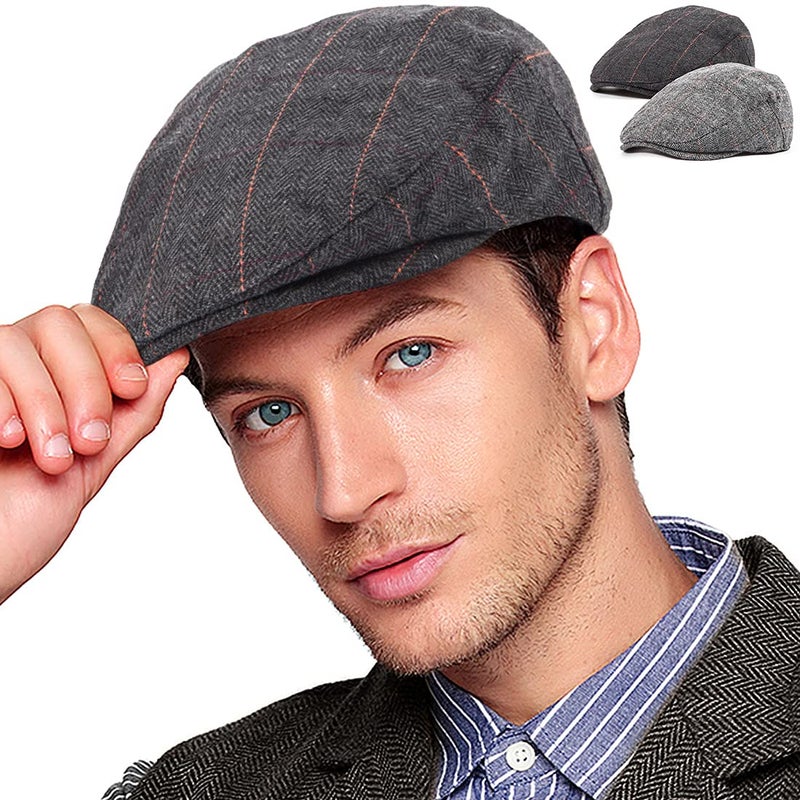 LADYBRO 2Pack Tweed Newsboy Hats for Men Winter Flat Cap (Plaid Black+Grey, S/M, 7 1/4) - Image 1