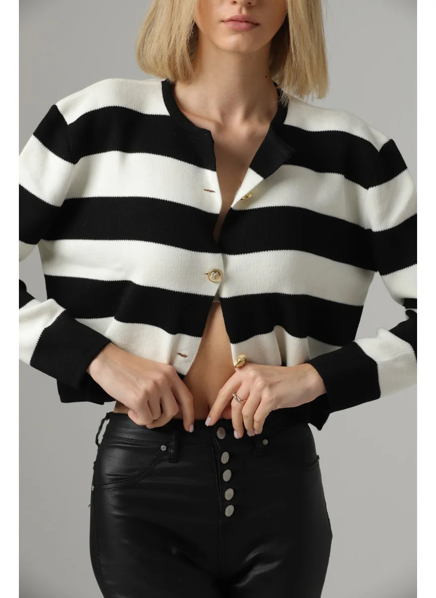 Winter Club Women's Crew Neck Black Striped Crop Cardigan