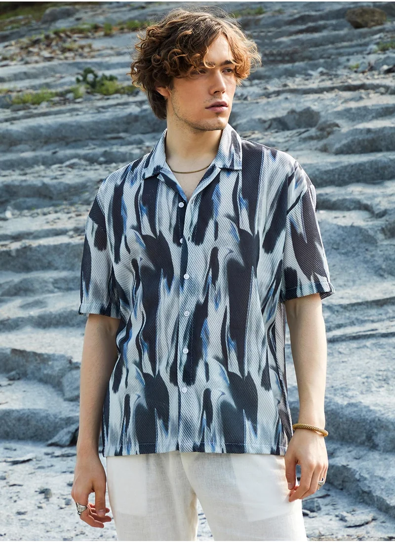 Campus Sutra Men's Navy Blue Strokes Mesh Oversized Shirt