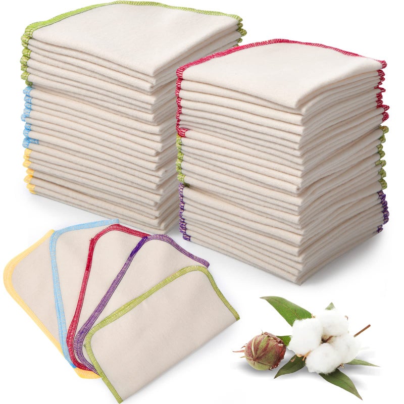 Mimorou 45 Pcs Flannel Cloth Baby Wipes Reusable Baby Diapers Wipes Washable Natural Unbleached Baby Face Wipes Soft and Sturdy Cloth Wipes 5 Colors Outer Stitching 8 x 8 Inches, 1.0 Count - Image 1