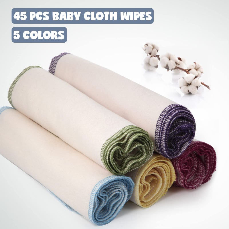 Mimorou 45 Pcs Flannel Cloth Baby Wipes Reusable Baby Diapers Wipes Washable Natural Unbleached Baby Face Wipes Soft and Sturdy Cloth Wipes 5 Colors Outer Stitching 8 x 8 Inches, 1.0 Count - Image 3