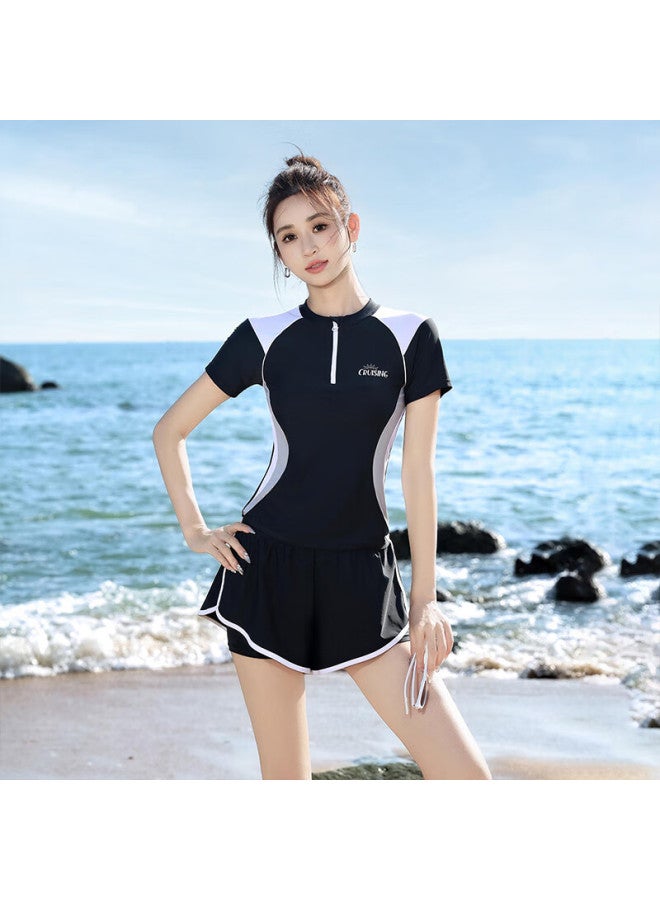 F.dyraa Women's Conservative Split Swimsuit Covering Flesh And Slimming Swimming Pool Professional Spa Swimwear Three-piece Set 15042 Black M - Image 3