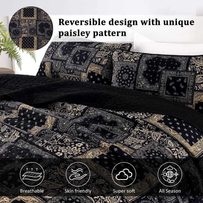 Cottolester Boho Patchwork Quilt Set Queen Size,Black Gold Fall Bedspread,Paisley Floral Bedding Set Soft Microfiber Quilt with 2 Pillow Shams 96"x90" - Image 3