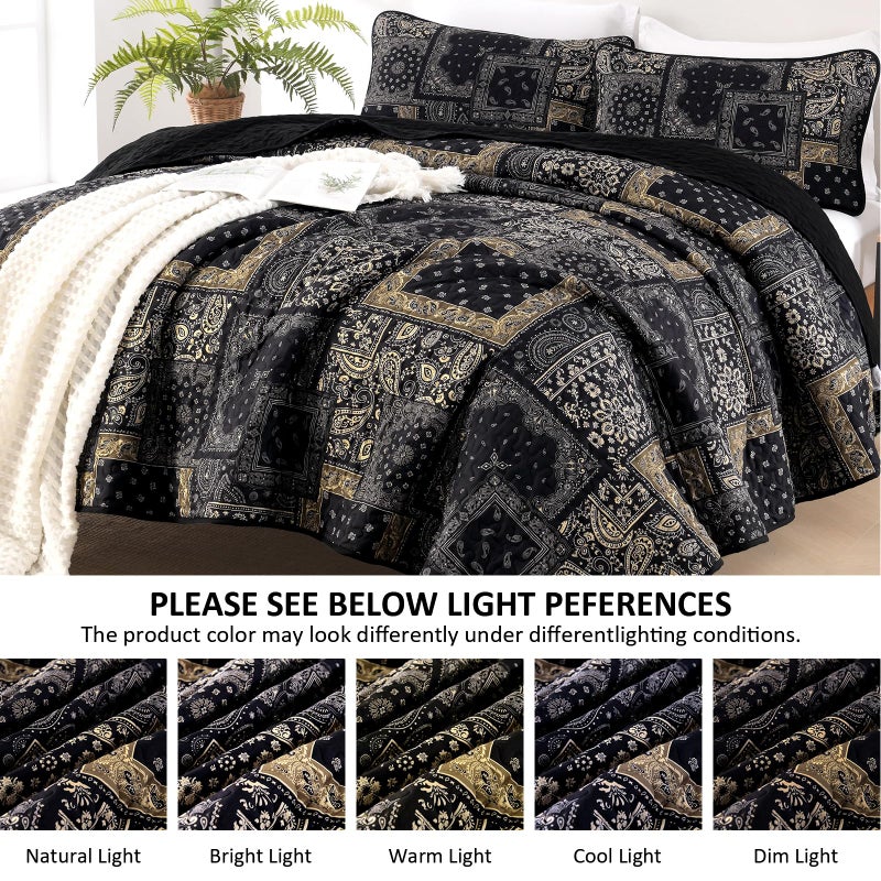 Cottolester Boho Patchwork Quilt Set Queen Size,Black Gold Fall Bedspread,Paisley Floral Bedding Set Soft Microfiber Quilt with 2 Pillow Shams 96"x90" - Image 4