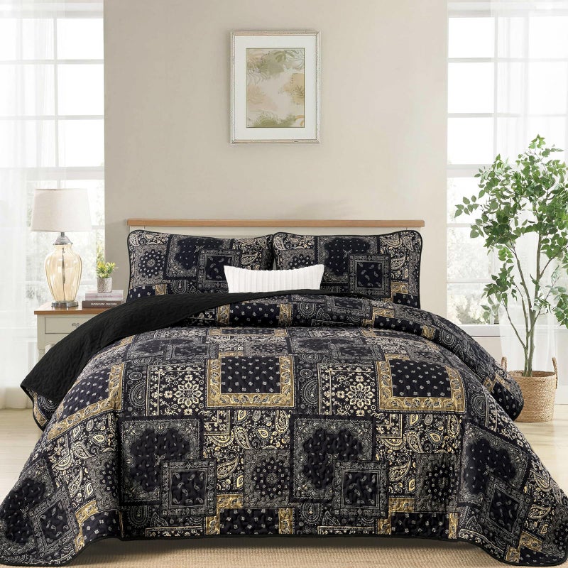 Cottolester Boho Patchwork Quilt Set Queen Size,Black Gold Fall Bedspread,Paisley Floral Bedding Set Soft Microfiber Quilt with 2 Pillow Shams 96"x90" - Image 1