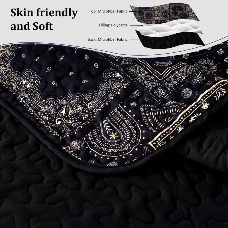 Cottolester Boho Patchwork Quilt Set Queen Size,Black Gold Fall Bedspread,Paisley Floral Bedding Set Soft Microfiber Quilt with 2 Pillow Shams 96"x90" - Image 5