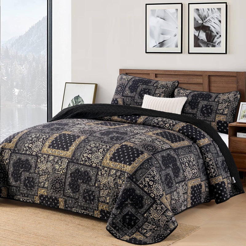 Cottolester Boho Patchwork Quilt Set Queen Size,Black Gold Fall Bedspread,Paisley Floral Bedding Set Soft Microfiber Quilt with 2 Pillow Shams 96"x90" - Image 2