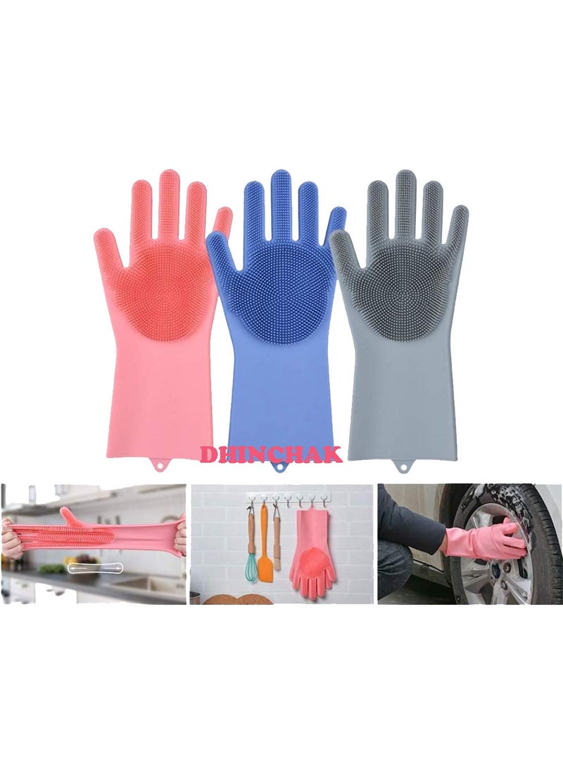 Dhinchak Dhinchak ® 1 Pair Silicone Multipurpose Cleaning Gloves Reusable Gloves for Dish Washing,Kitchen, Bathroom,Car,(Standard Size, Multicolour) -1 Pair  - Image 2