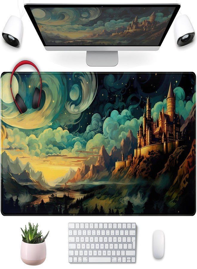 Mechanical Cattle Cool Aesthetic Castle Mouse Pad Desk Pad Cute Cloudy and Starry Desk Mat, Office Desk Decor Anime Mousepad Laptop Keyboard and Mouse Mat, XXL Large Extended Gaming Deskmat for Girl 31.5x15.75 in - Image 1