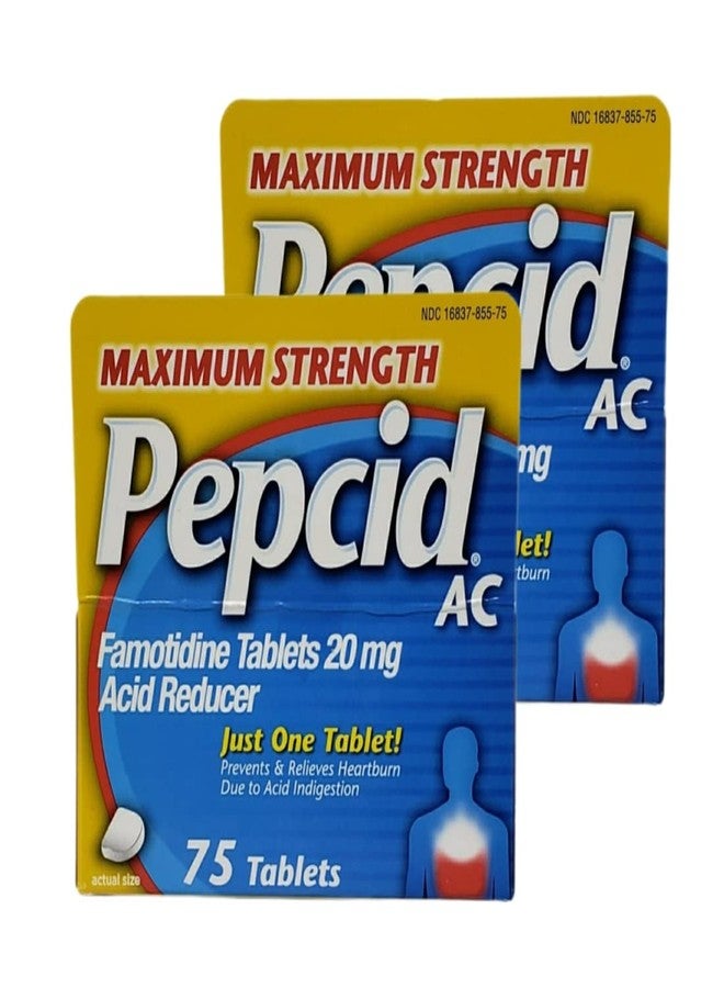Pepcid AC Maximum Strength - Pack of 2 Boxes - 75 Tablets Per Box - 150 Tablets Total - Prevents & Relieves Heartburn Due to Acid Indigestion & Sour Stomach - 20mg of Famotidine - Image 1