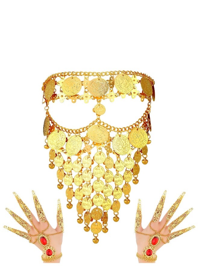 Lady Cosplay Belly Dance Jewelry Coin Veil Sets Halloween Carnival Play Accessories Egyptian Gold Bracelets with Finger Nails Gypsy Egyptian Bracelet for Halloween Costume