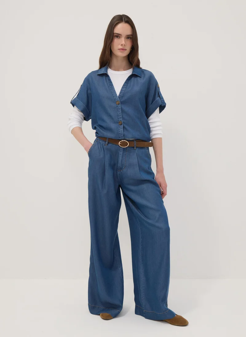 او في اس OVS Blue Wide-Leg Jeans In Pure Lyocell