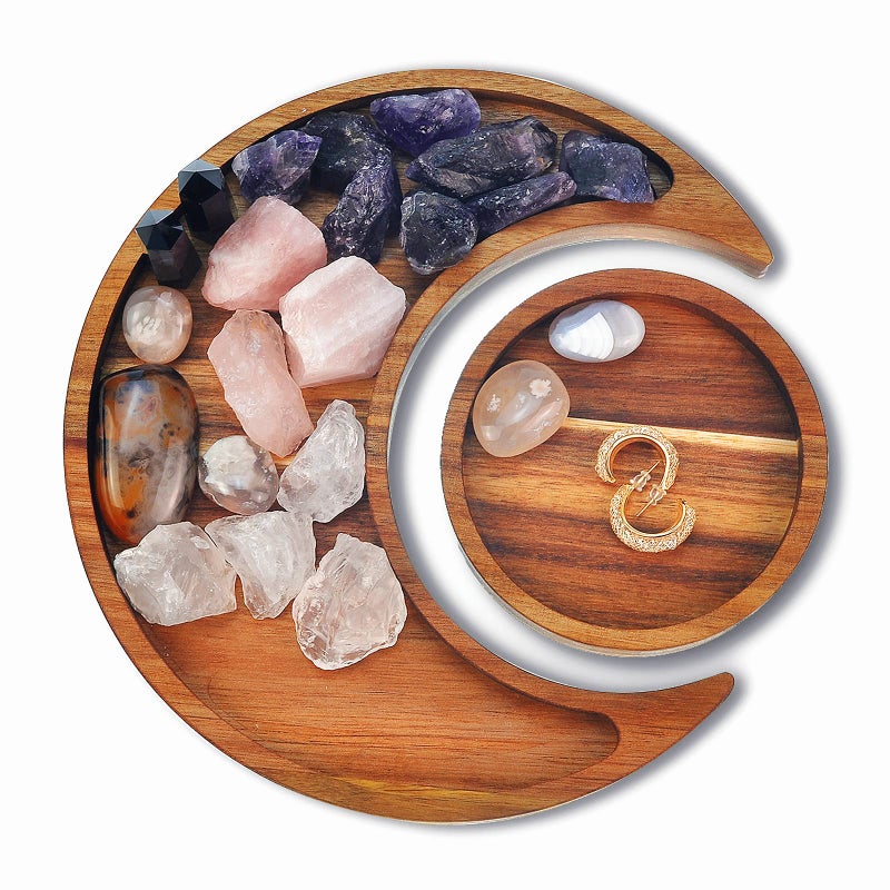 Moon Tray Acaica Wood Crystal Holder for Stones Healing Crystals Storage and Organizer Crescent Bowl Witchy Crystal Display Essential Oil Holder Moon Jewelry Dish Acacia Wood 1